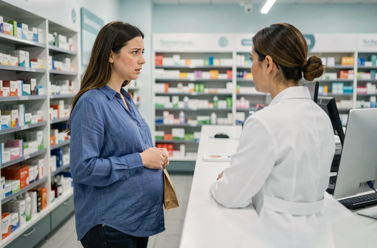 Femme enceinte consultant une pharmacienne après avoir mangé du chorizo par erreur