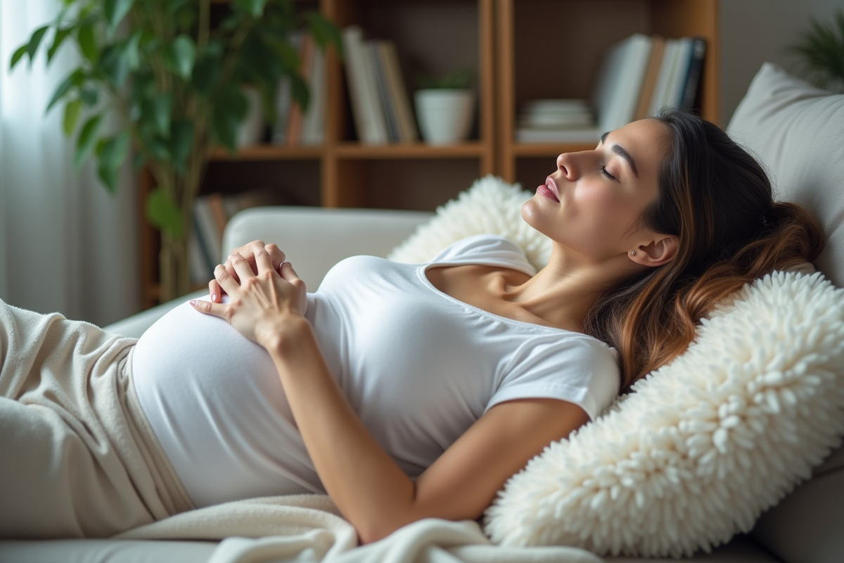 Femme enceinte allongée dans un salon moderne et cosy