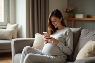 Femme enceinte assise sur un canapé dans un salon chaleureux
