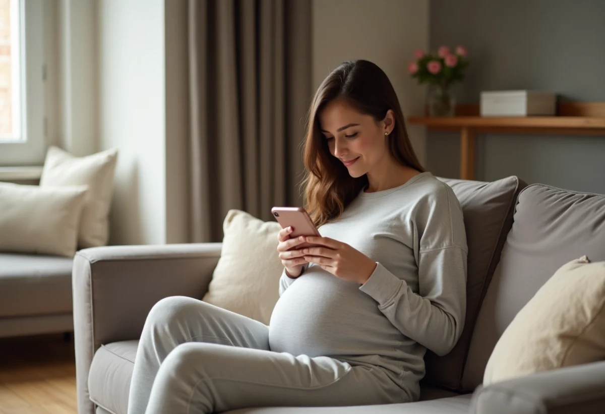 Femme enceinte assise sur un canapé dans un salon chaleureux
