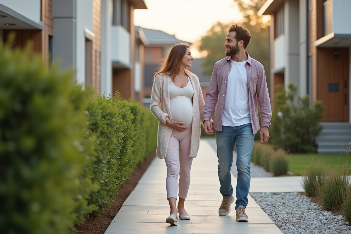 Femme enceinte avec partenaire dans un quartier résidentiel