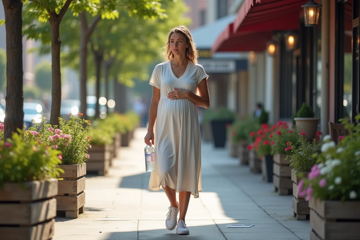 Femme enceinte se promenant dans une rue urbaine