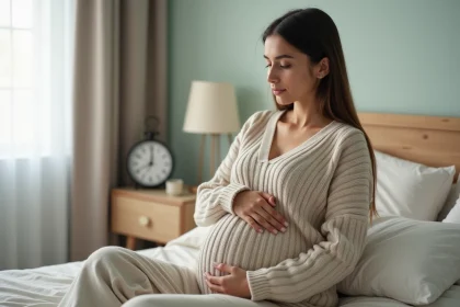 Femme enceinte dans sa chambre v&eacute;rifiant son sac &agrave; l'h&ocirc;pital