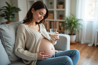 Femme enceinte assise sur un canapé lumineux dans un salon cosy