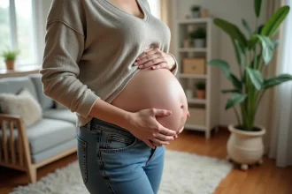 Femme enceinte dans un salon cosy et lumineux