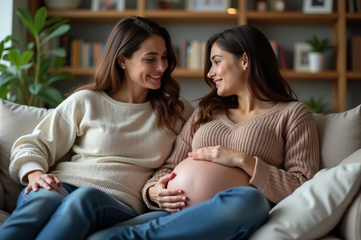 Femme enceinte dans le salon avec partenaire chaleureux