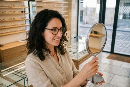 Femme essayant des montures de lunettes chez un opticien moderne à Bordeaux