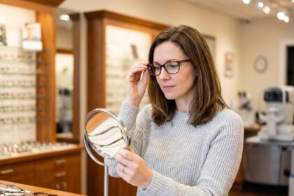 Femme essayant des lunettes de vue dans un magasin d'optique des Hautes-Alpes