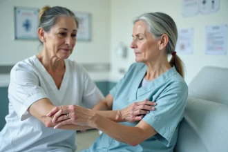 Femme en examen médical montrant une irritation cutanée