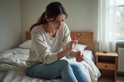 Femme regardant son avant-bras avec souci dans une chambre simple