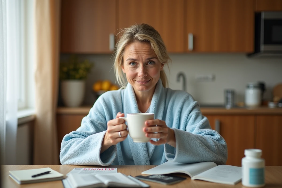 Femme fatiguée le matin entourée de magazines santé et compléments alimentaires, cherchant des réponses à une prise de poids hormonale