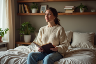 Femme assise sur le lit avec journal dans une chambre chaleureuse
