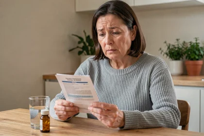 Femme d'âge mûr lisant la notice d'un médicament hépatoprotecteur comme Hépaliv à la table de sa cuisine avec un verre d'eau