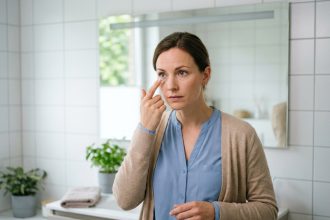 Femme posant une lentille de contact dans un miroir