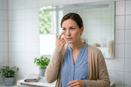Femme posant une lentille de contact dans un miroir