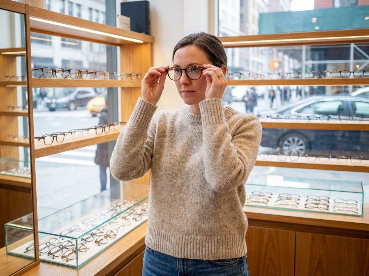 Femme essayant des lunettes dans une boutique d'optique