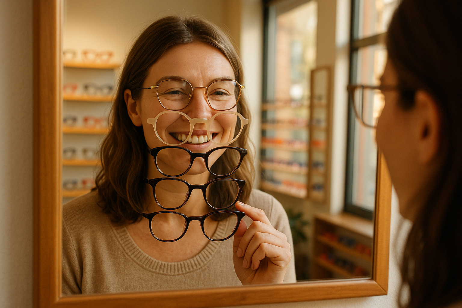 Femme souriante essayant différentes lunettes devant un miroir lumineux
