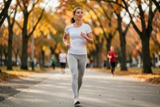 Femme marchant rapidement sur un chemin pavé en parc urbain en automne, illustrant la marche rapide et le nombre de pas par kilomètre