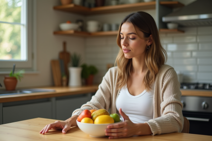 Femme enceinte examine un bol de fruits tropicaux dans une cuisine lumineuse