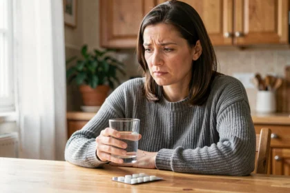 Femme tenant un verre d'eau et regardant une plaquette de médicaments anti-inflammatoires sur une table de cuisine, expression préoccupée