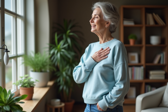 Femme méditant dans un salon cosy et lumineux