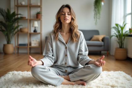 Femme en méditation dans un salon moderne et paisible
