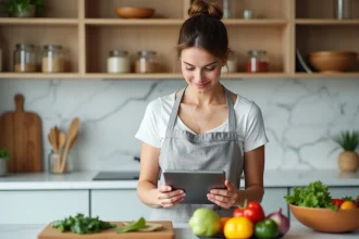 Femme consultant un menu de régime motivant sur une tablette dans une cuisine moderne avec des ingrédients sains