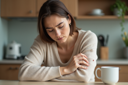 Femme examinant une petite tache sur son bras