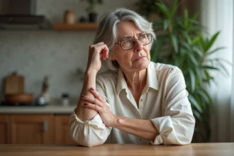 Femme d'âge moyen se grattant le bras dans la cuisine