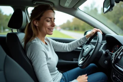 Femme souffrant de névrite vestibulaire assise dans sa voiture, hésitant à conduire en raison de vertiges résiduels
