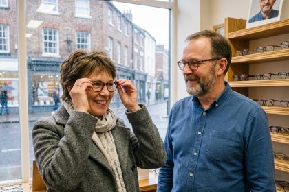 Femme souriante essayant des lunettes chez un opticien