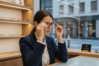 Femme portant des lunettes dans une boutique optique moderne