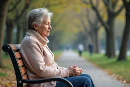 Femme d'&acirc;ge moyen assise sur un banc dans un parc urbain