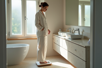 Femme en pyjama se pesant dans une salle de bain moderne