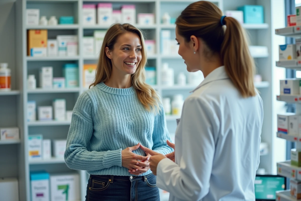 Femme discutant avec une pharmacienne de symptômes de ganglions inguinaux dans une pharmacie, représentant une démarche de santé féminine