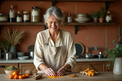 Femme âgée préparant des plantes médicinales contre l'arthrose dans une cuisine rustique avec du curcuma, du gingembre et de l'écorce de saule