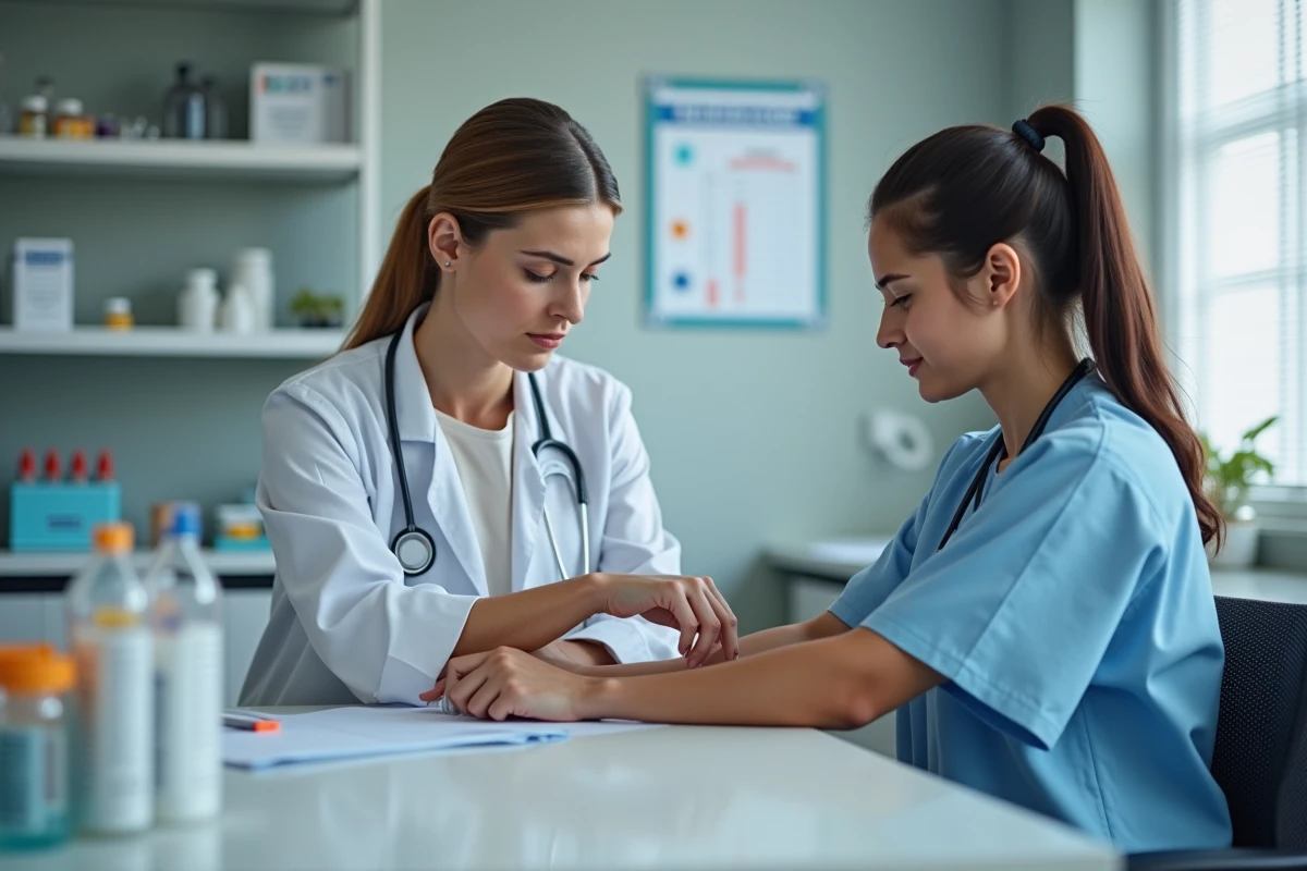 Femme en blouse préparant un test médical avec une infirmière