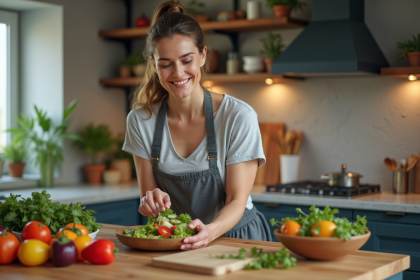 Femme en cuisine préparant une salade colorée à la maison