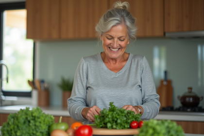 Femme en cuisine préparant une salade fraîche