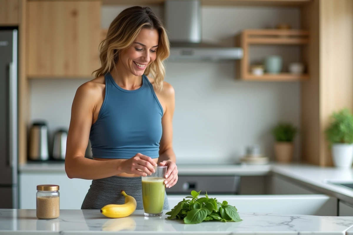 Femme pr&eacute;parant un smoothie dans une cuisine lumineuse et moderne