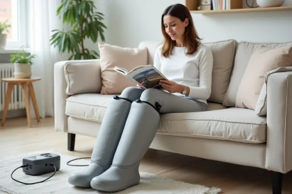 Femme utilisant un appareil de pressothérapie à domicile avec des bottes gonflables sur le canapé de son salon