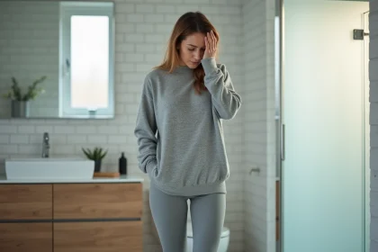Femme en surpoids inexpliqué debout sur une balance dans une salle de bain moderne, illustration d'un trouble hormonal possible