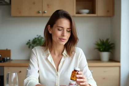 Femme examinant un flacon de probiotiques à une table de cuisine en bois après une cure d'antibiotiques