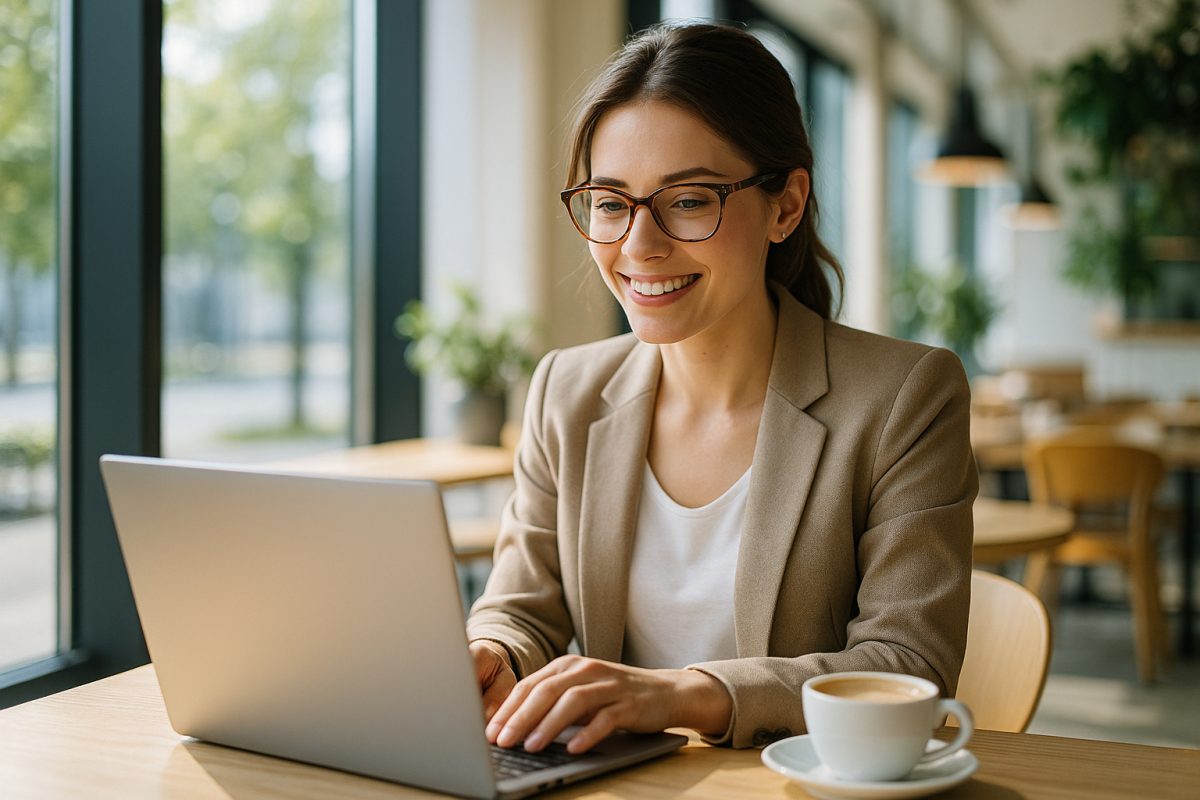 Femme professionnelle souriante travaillant sur un ordinateur dans un café lumineux