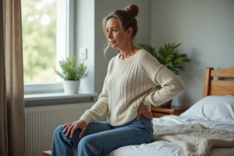 Femme en sweater assise sur le lit dans une chambre lumineuse
