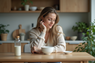 Femme pensive regardant sa montre dans une cuisine moderne