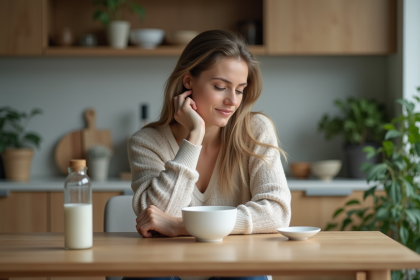Femme pensive regardant sa montre dans une cuisine moderne