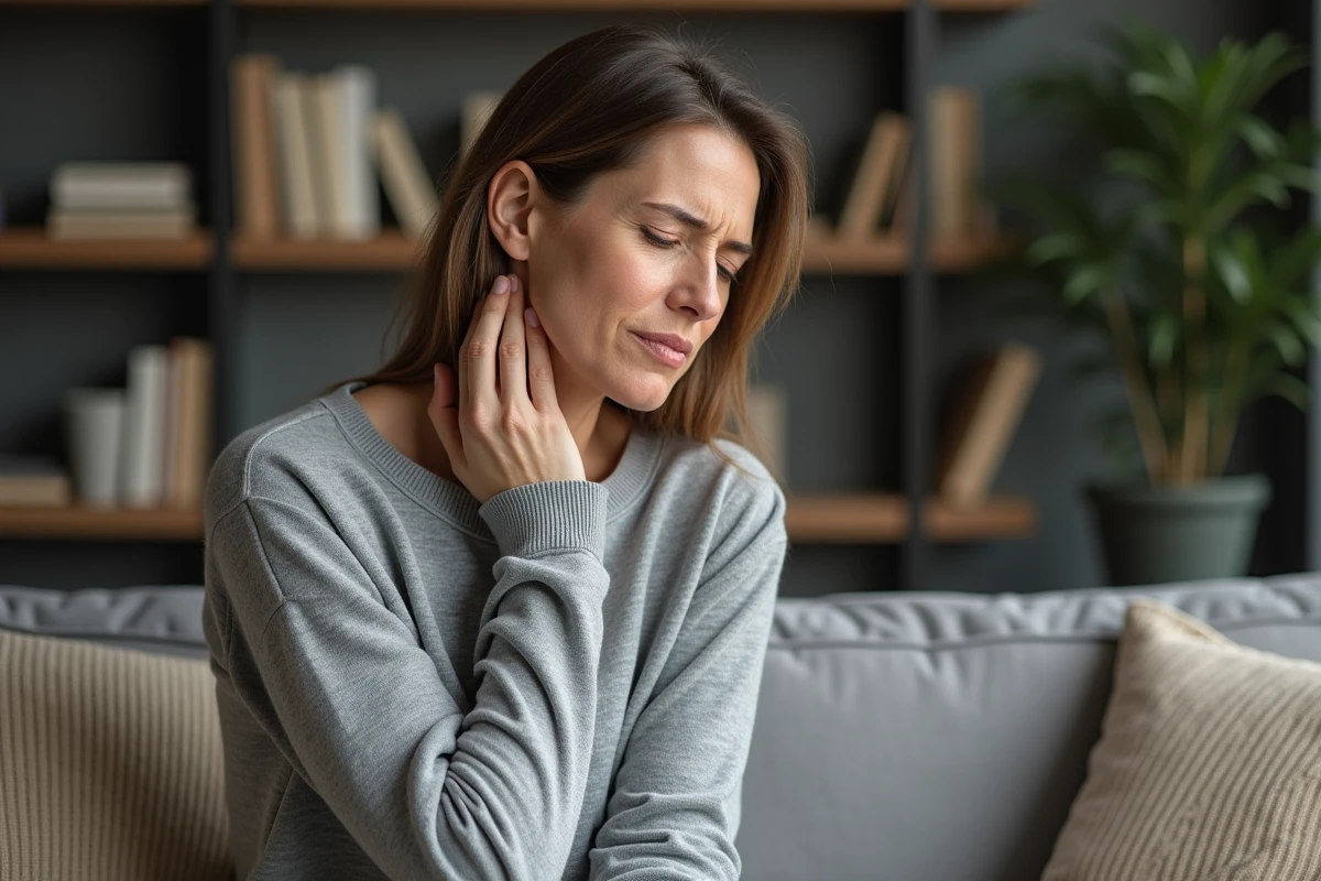 Femme pensive en intérieur avec canapé et livres