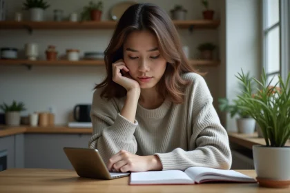 Jeune femme pensant dans une cuisine moderne