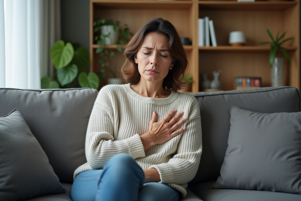 Femme d'âge moyen assise pensivement sur un canapé
